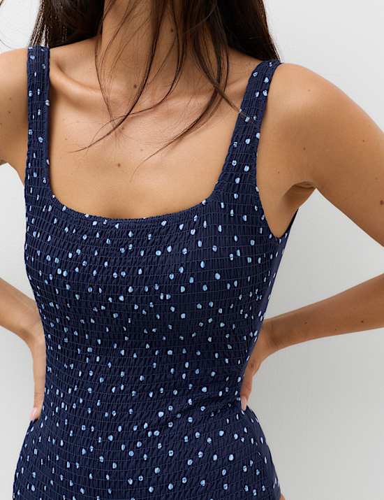Spot Smocked Scoop Neck Swimsuit