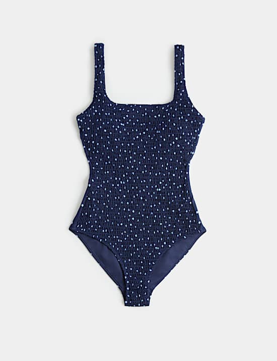 Spot Smocked Scoop Neck Swimsuit