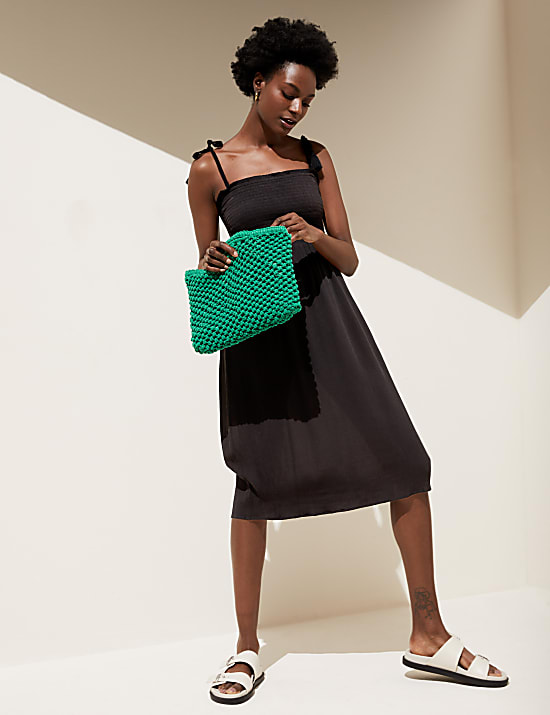 Square Neck Shirred Midi Dress