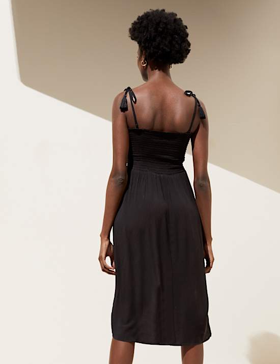 Square Neck Shirred Midi Dress