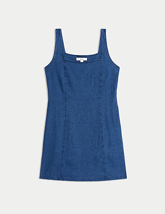 שמלת מיני רב-עונתית מבד עשיר בפשתן עם צווארון מרובע