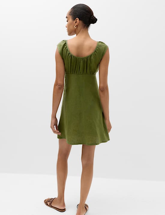Pure Linen Ruched Mini Waisted Dress