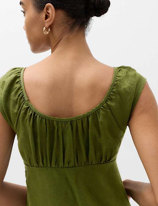 Pure Linen Ruched Mini Waisted Dress