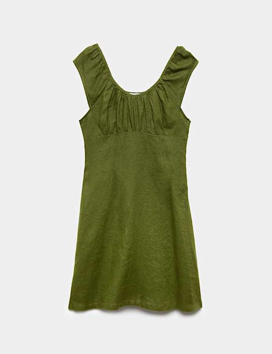 Pure Linen Ruched Mini Waisted Dress