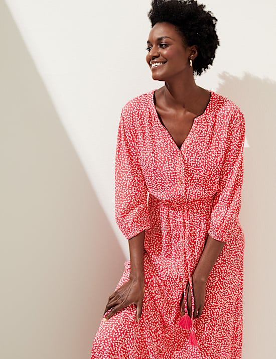 Printed V-Neck Tie Waist Maxi Beach Dress