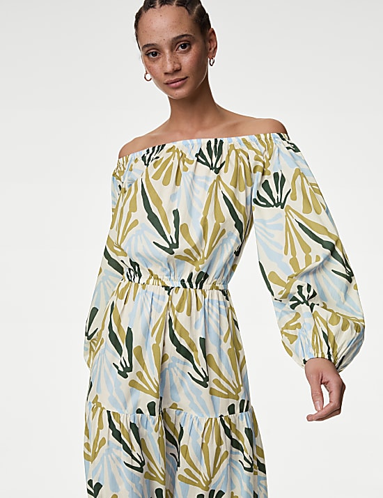 Pure Cotton Printed Bardot Midaxi Beach Dress