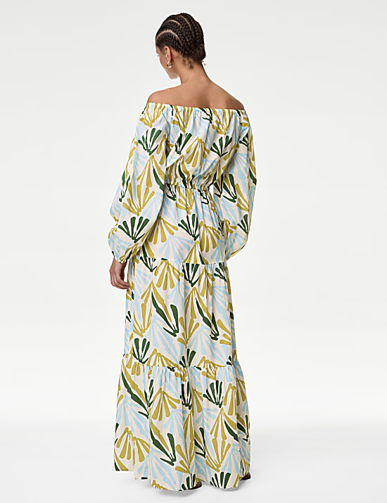 Pure Cotton Printed Bardot Midaxi Beach Dress