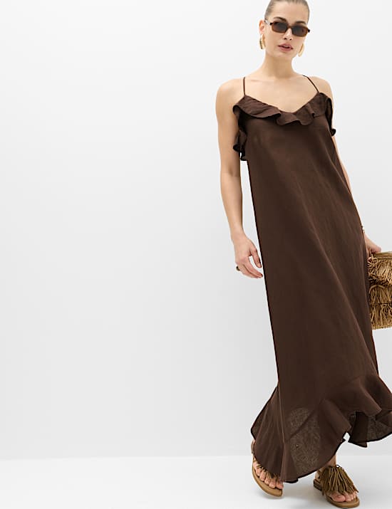 Linen Cotton Blend Ruffle Maxi Dress