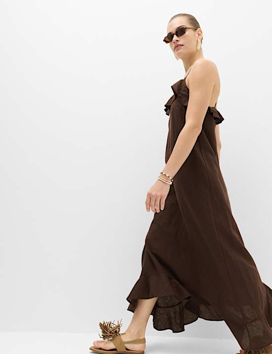 Linen Cotton Blend Ruffle Maxi Dress