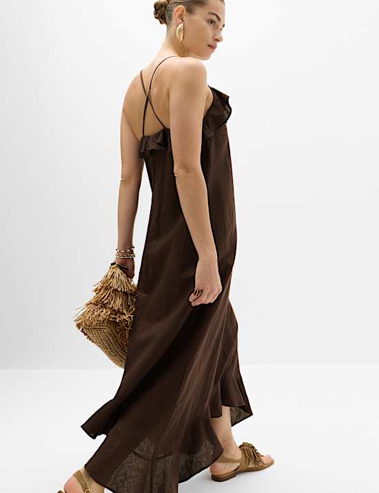 Linen Cotton Blend Ruffle Maxi Dress