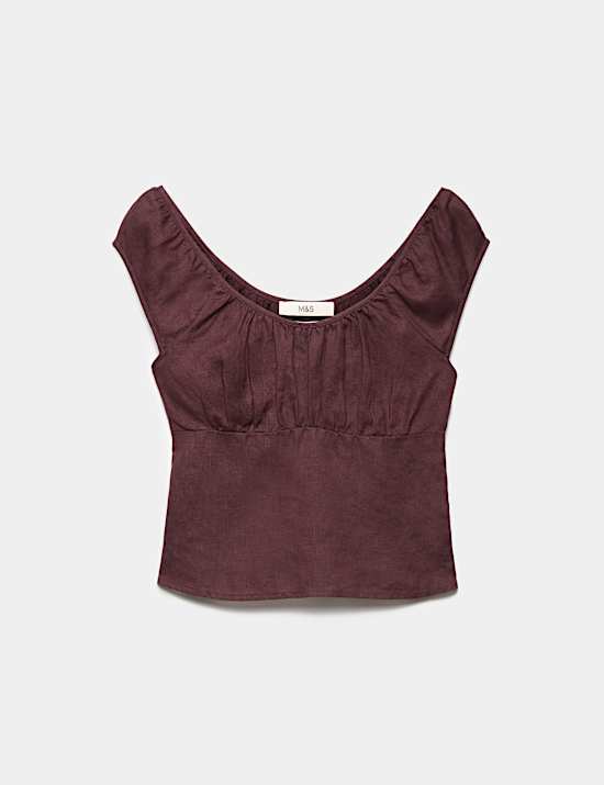 Pure Linen Square Neck Ruched Top