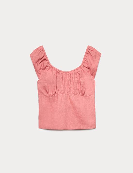Atasan Linen Murni Lipatan Ketat Leher Persegi