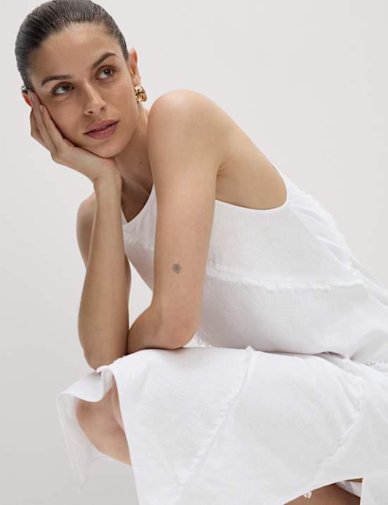 Linen Rich Raw Edge Midi Shift Dress