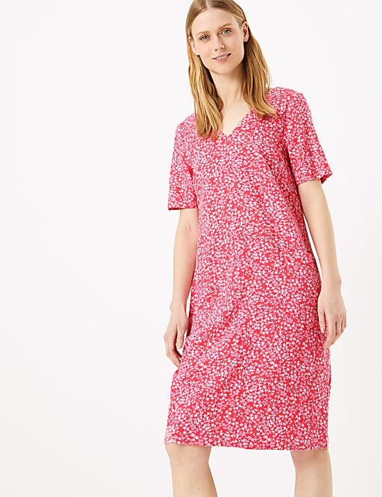 Linen Blend Floral V-Neck Shift Dress