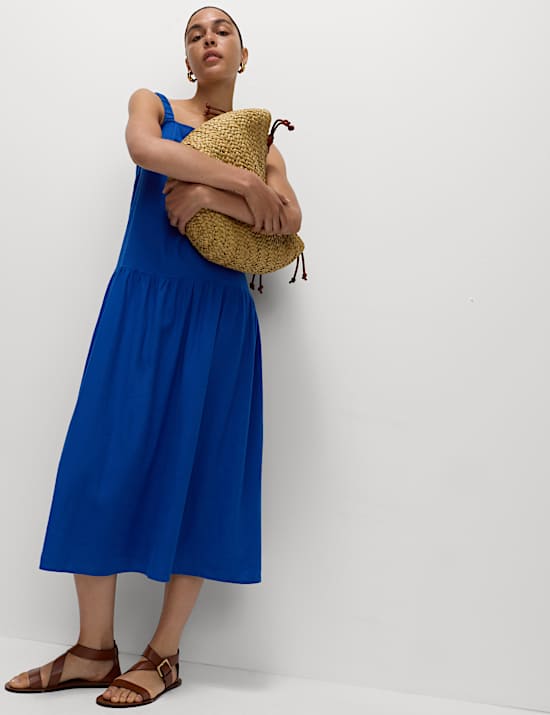 Linen Rich Scoop Neck Midi Drop Waist Dress