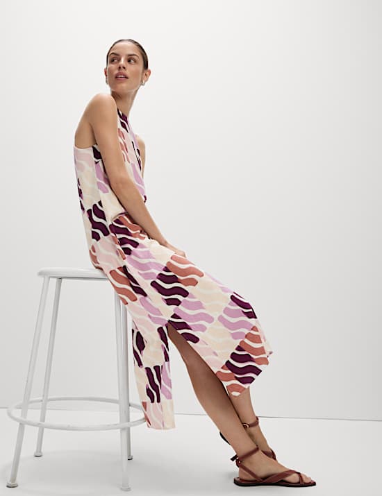 Linen Rich Printed Round Neck Midi Dress