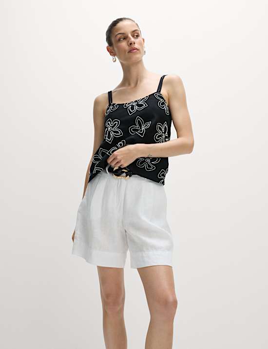 Linen Rich Floral Embellished Cami Top