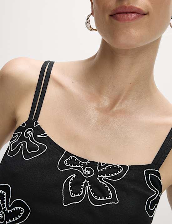 Linen Rich Floral Embellished Cami Top