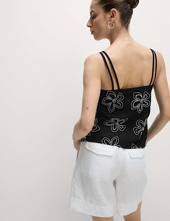 Linen Rich Floral Embellished Cami Top