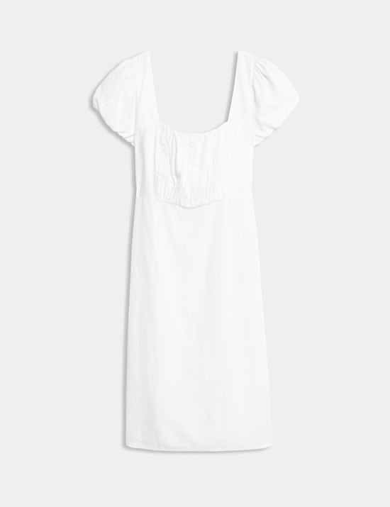 שמלה רב-עונתית באורך מיני עם שרוולים תפוחים מבד עשיר בפשתן