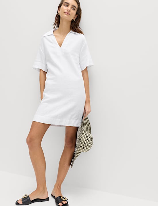 Minivestido recto con cuello de lino
