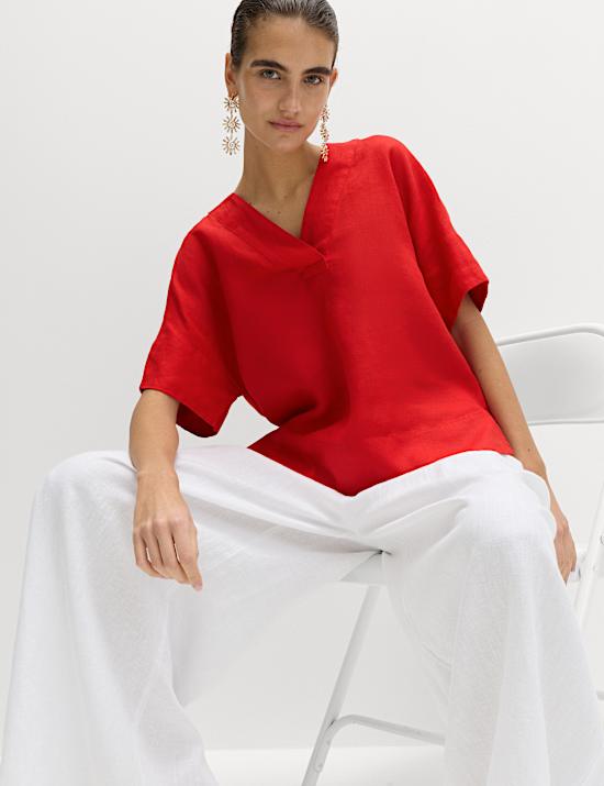 Top 100 % lin &agrave; col en V et boutons-pression