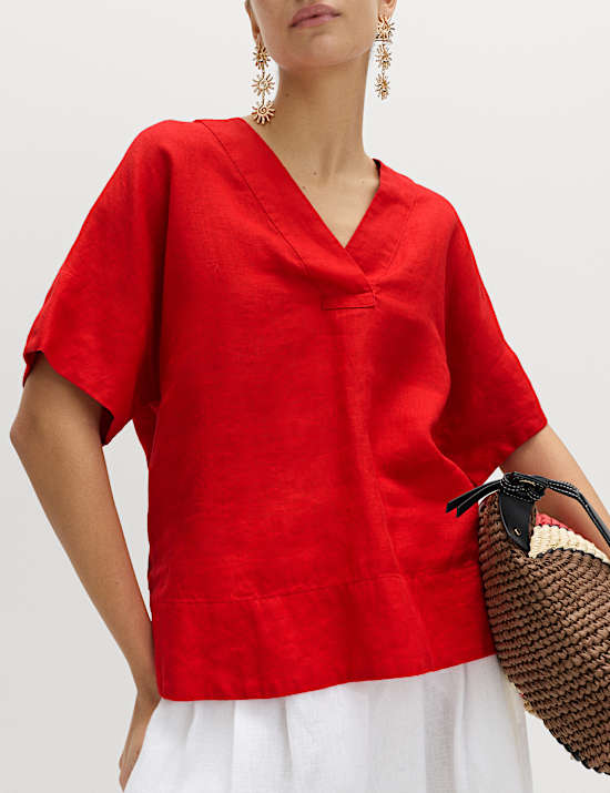 Top 100 % lin &agrave; col en V et boutons-pression