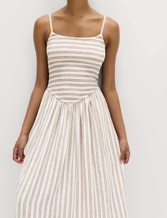 Linen Rich Shirred Midi Shift Dress