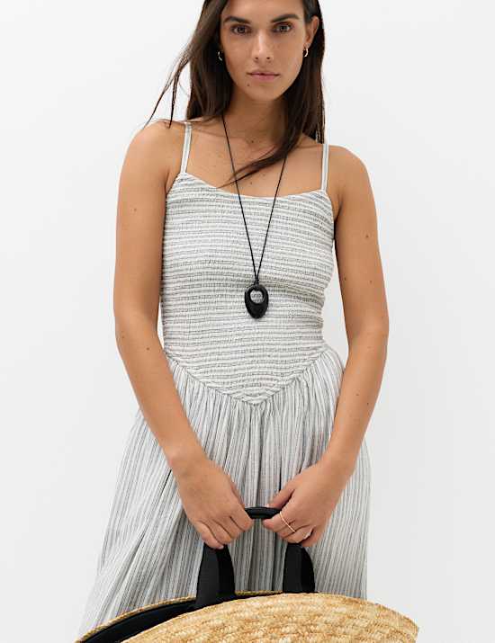 Linen Rich Shirred Maxi Shift Dress
