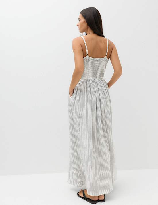Linen Rich Shirred Maxi Shift Dress