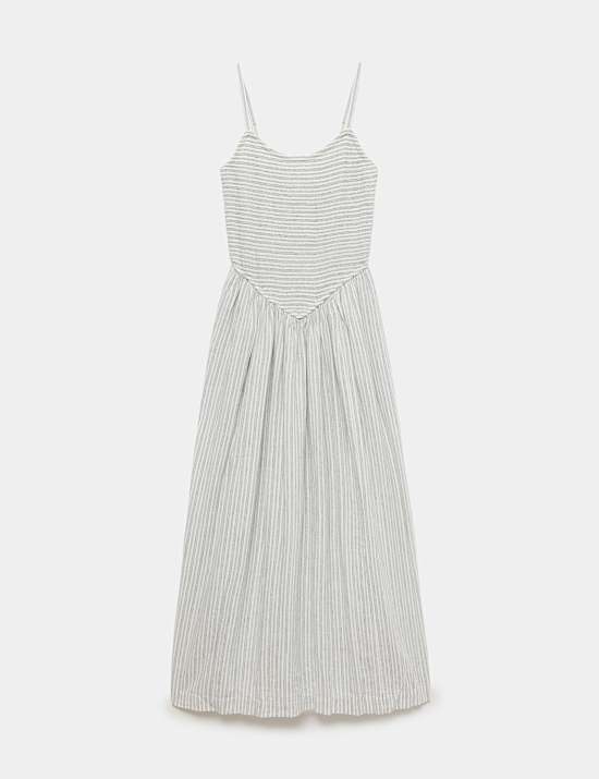 Linen Rich Shirred Maxi Shift Dress