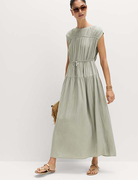 Ruched Maxi Waisted Dress with Linen