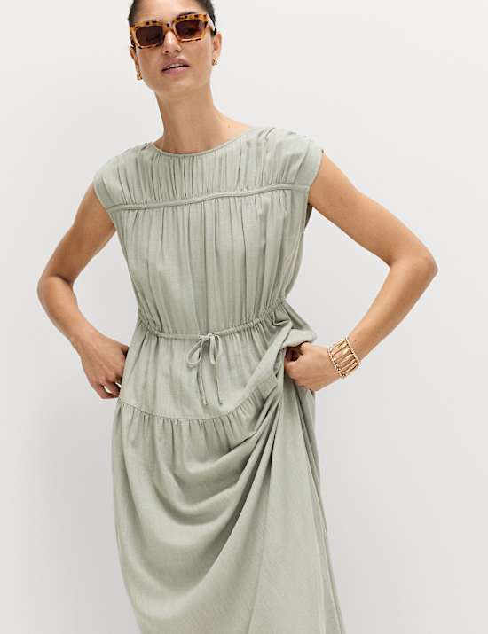Ruched Maxi Waisted Dress with Linen