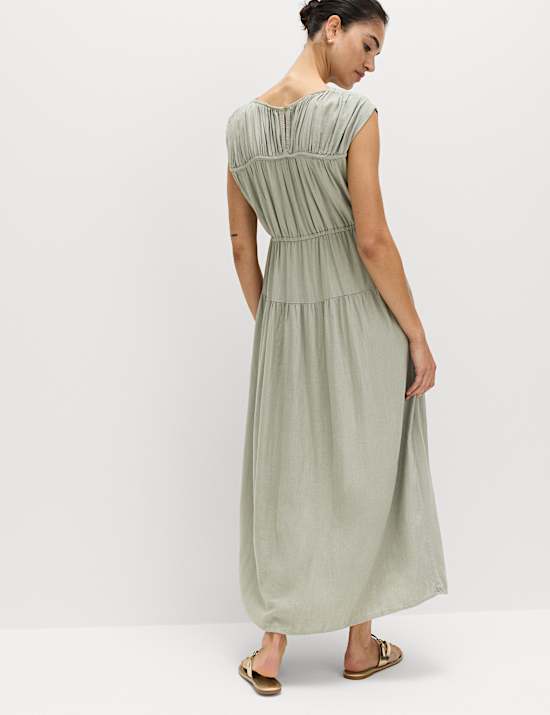 Ruched Maxi Waisted Dress with Linen