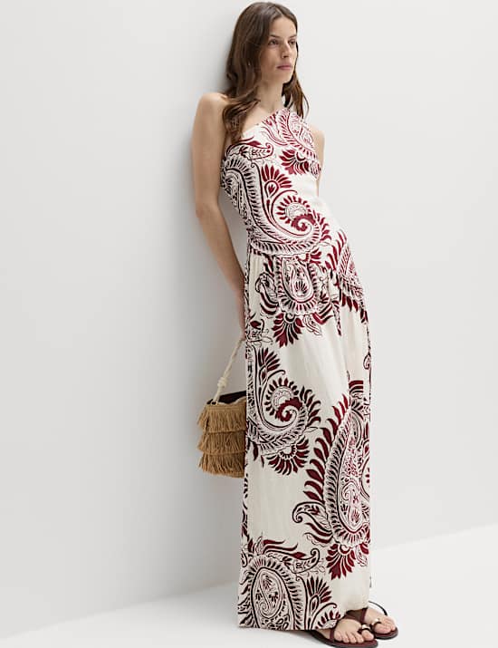 Vestido recto maxi con hombro descubierto de lino