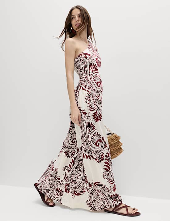 Vestido recto maxi con hombro descubierto de lino