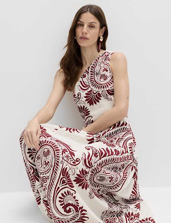 Vestido recto maxi con hombro descubierto de lino