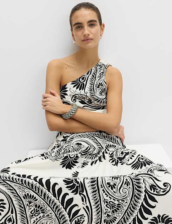 Linen Rich One Shoulder Maxi Shift Dress