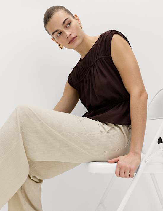 Ruched Scoop Neck Regular Fit Top with Linen