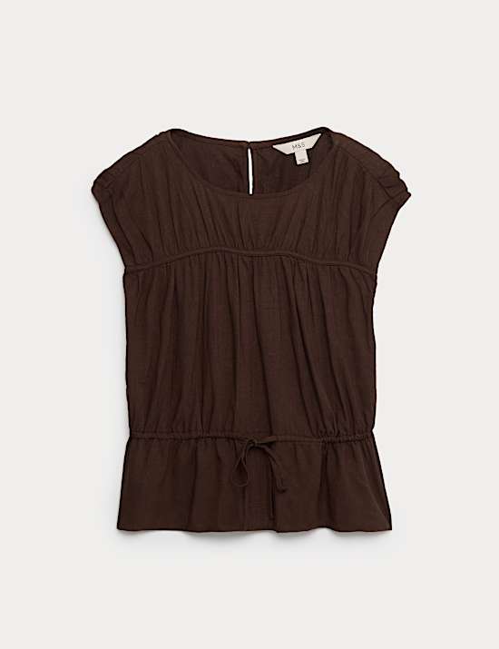 Ruched Scoop Neck Regular Fit Top with Linen