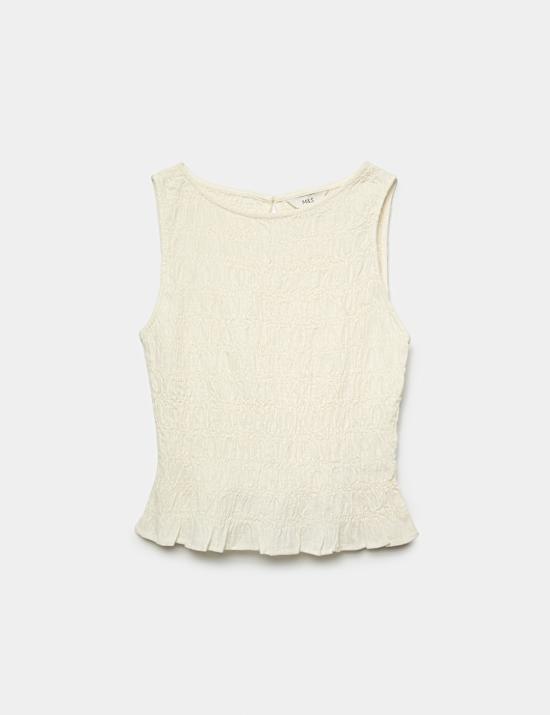 Slash Neck Shirred Top with Linen