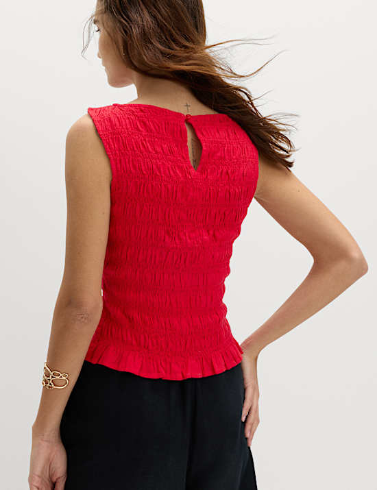 Slash Neck Shirred Top with Linen