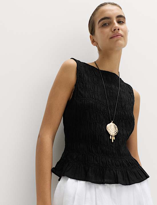 Slash Neck Shirred Top with Linen