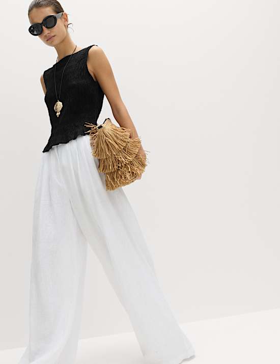 Slash Neck Shirred Top with Linen