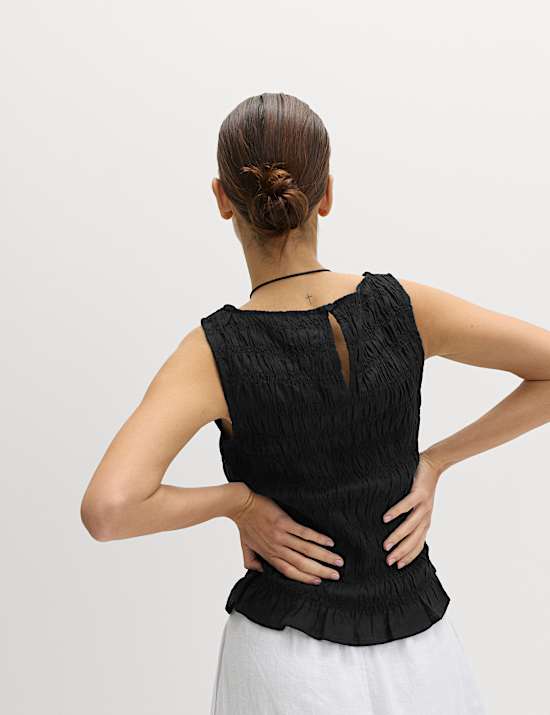 Slash Neck Shirred Top with Linen