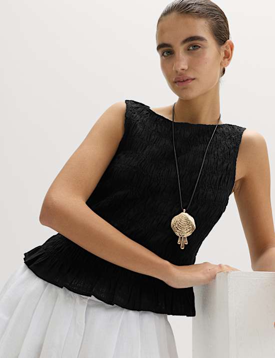 Slash Neck Shirred Top with Linen