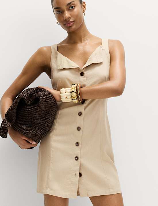 Linen Rich Button Through Mini Shift Dress