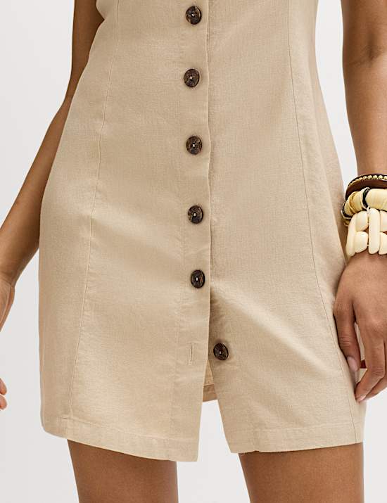 Linen Rich Button Through Mini Shift Dress