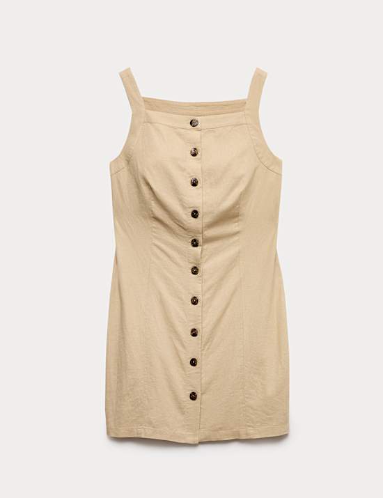 Linen Rich Button Through Mini Shift Dress
