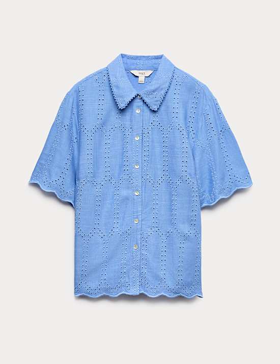 Broderie Collared Cutwork Detail Shirt with Linen